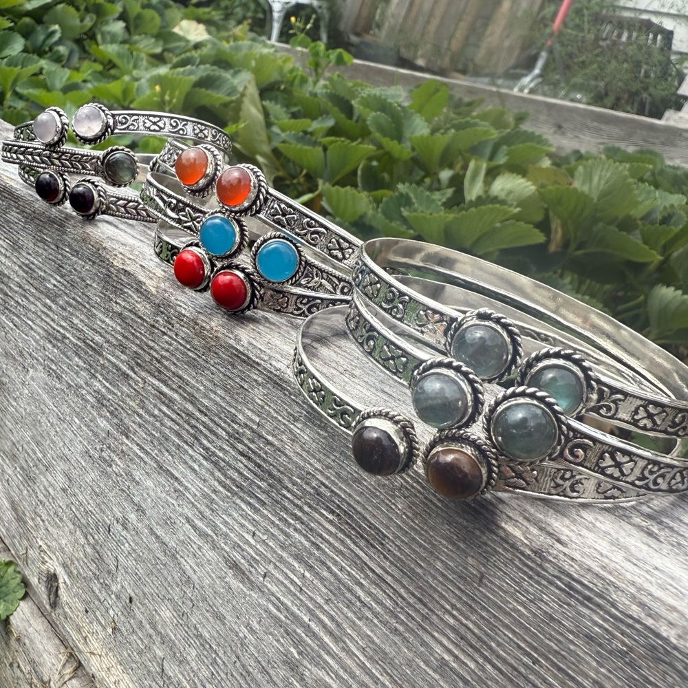 1)  Silver Plated Fully Adjustable Stone Bracelet Cuff